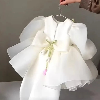 2026 New Children Girls Formal Dress Puff Sleeve Princess Gown Flower Girl Kids Floral Tulle Tutu Elegant Pageant Summer Costume