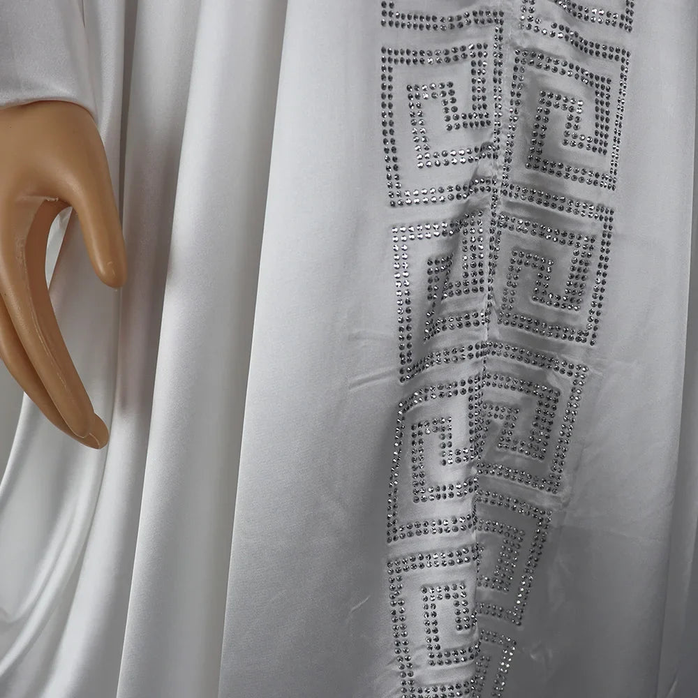 Fashion African Woman Large Size Bat Sleeve Dress Muslim Islamic Style Robe Imitation Silk Hot Fix Rhinestone