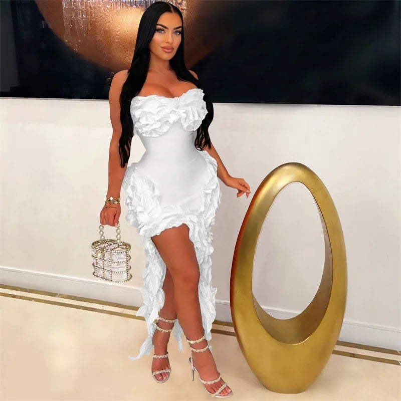 Elegant Ruffles Tassel Birthday Dress for Women 2024 Night Party Celebrity Irregular Strapless Sleeveless Evening Long Dresses