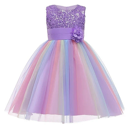 2026 Sequins Girls Dress Summer Flower Fashion Rainbow Mesh Little Princess Dresses For Piano Performance Costume Kids Clothes