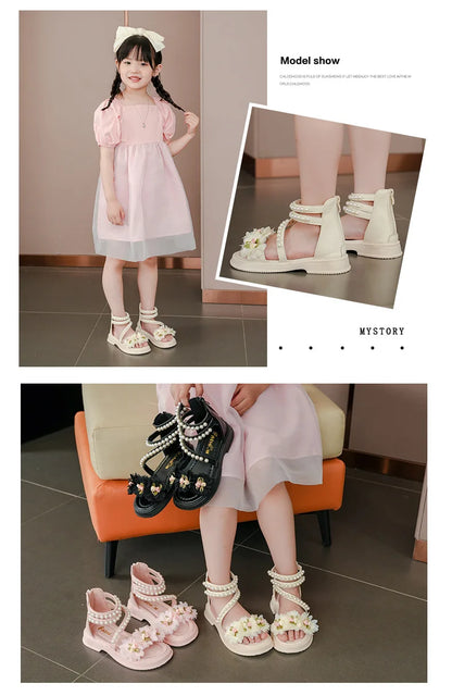 Children's Sandals for Girls Elegant Sandals Pearl Beading Sweet Princess Dress Shoes Kids High-top Roman Sandals Back Zipper