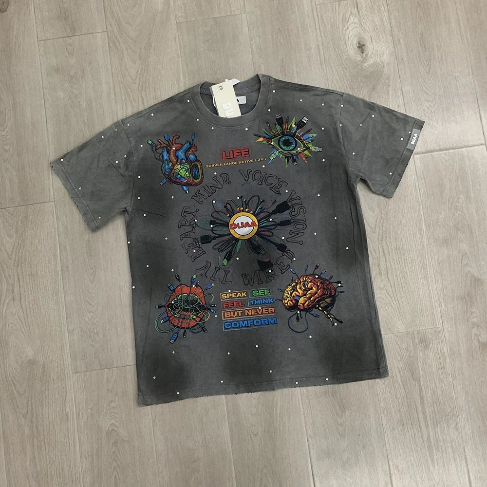 Car Letter Rhinestone Washed Cotton Short Sleeve Tshirts for Men and Women Harajuku Hip Hop Loose Shinning Diamond Tees Oversize