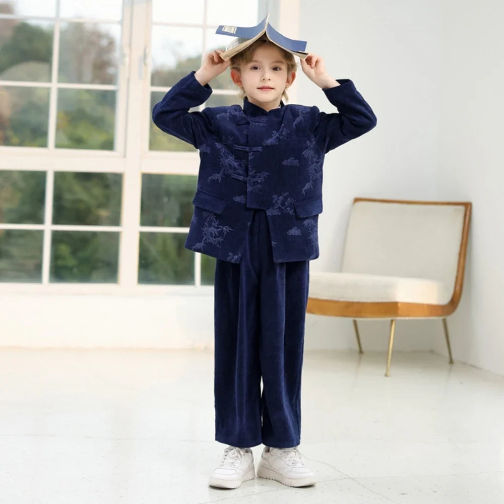 Chinese Style Boys Printed Suit Set 3 Pieces School Performance Wear Handsome Elegant Kids Tuxedo Birthday Party Sets 90-170cm