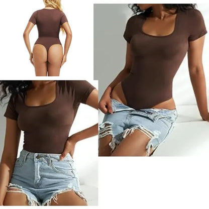 Bodysuits Sexy Ribbed One Piece Square Neck Short Sleeve Bodysuits Tummy Control Open Crotch Bodysuit Shapewear Suit