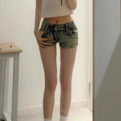 New Woman Designer Low Waist Punk Jeans Girls Aesthetic Elastic High Street Mini Pants Female Sexy Nightclub Summer Denim Shorts