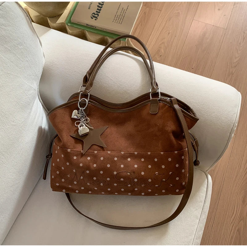 Vintage Frosted Tote Bag Casual Students Purse Large Capacity Shoulder Bag Polka Dot Drawstring Zipper Handbag With Star Pendant