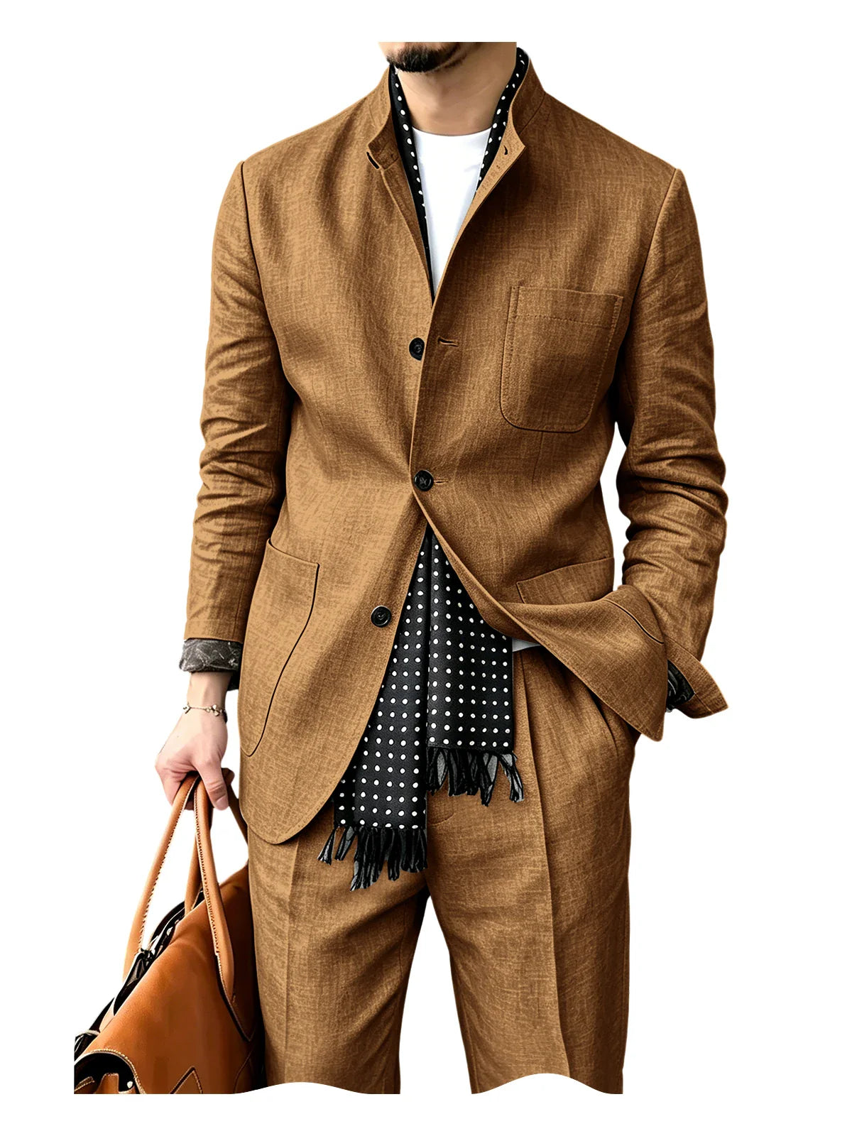 Men's Linen Blend 2 Piece Suit Set Stand Collar Breathable Casual Blazer Pants For Business Daily Wear