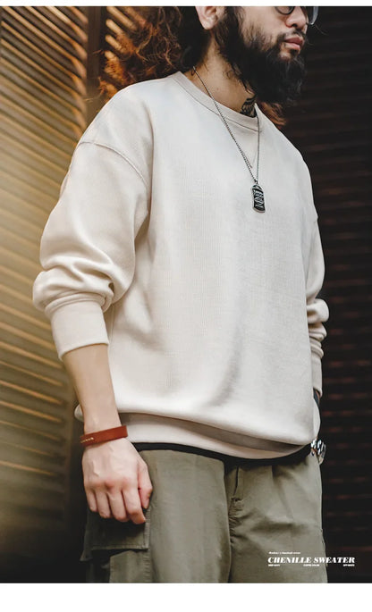 Heavyweight Round Collar Chenille Sweater for Men Spring and Autumn Basic Styles Long-sleeved Pullover Navy Blue T-shirts