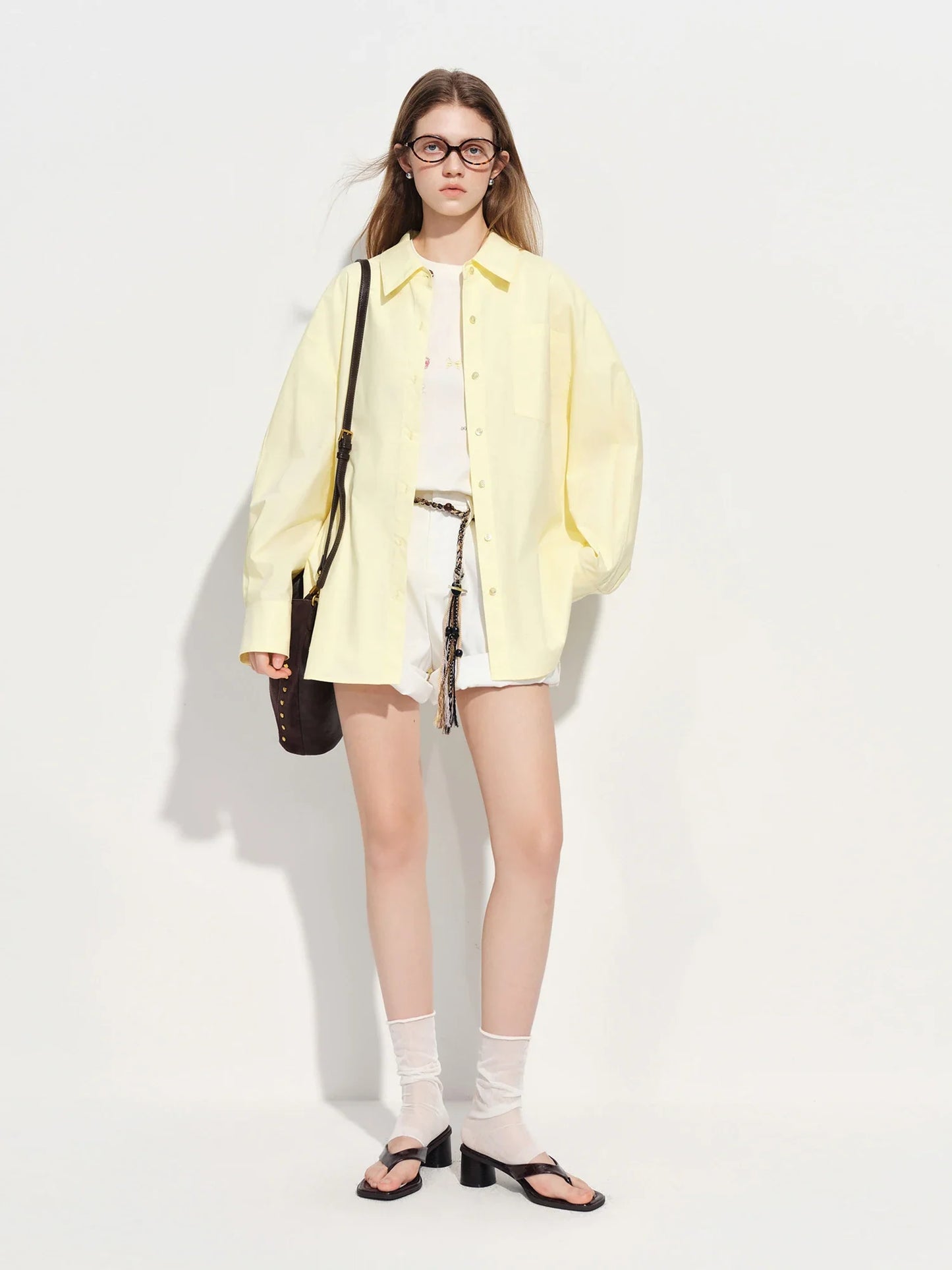 Women's French Loose Fit Cotton Shirt Long Sleeve Layering Top with Web Strap Detail Casual Oversized Blouse