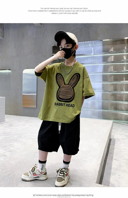Cartoon Rabbit Boys Summer Clothing Two Piece Set Outfits Short Sleeved T-shirt Shorts Tracksuits Kids Children Casual Costumes