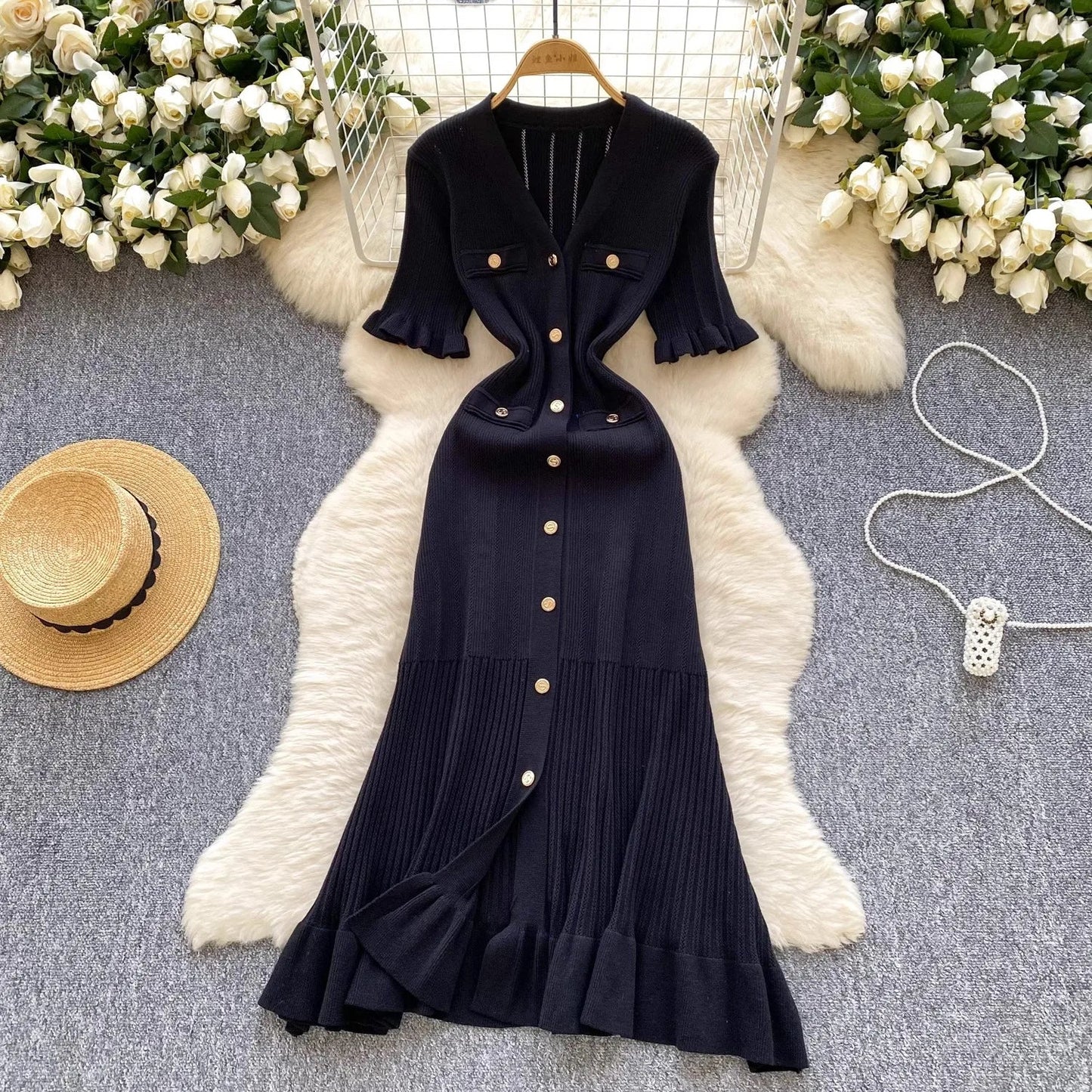 Brand Fashion Vintage Knitted Long Dress Spring Summer Women Elegant V-neck Ruffled Bodycon Sweater Dress Party Vestido
