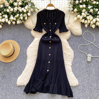Brand Fashion Vintage Knitted Long Dress Spring Summer Women Elegant V-neck Ruffled Bodycon Sweater Dress Party Vestido