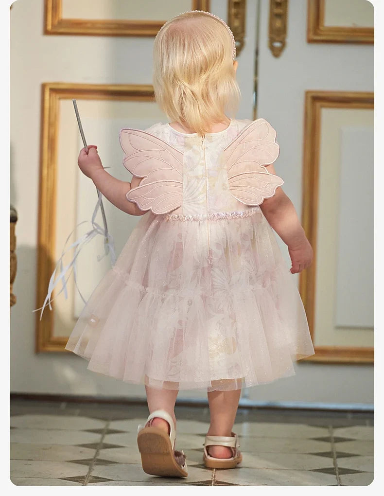 Dave Bella Girls Princess Dress 2024 New Summer Children's Baby Sleeveless Mesh Cute Sweet Charm Party Butterfly Wings DB2240414