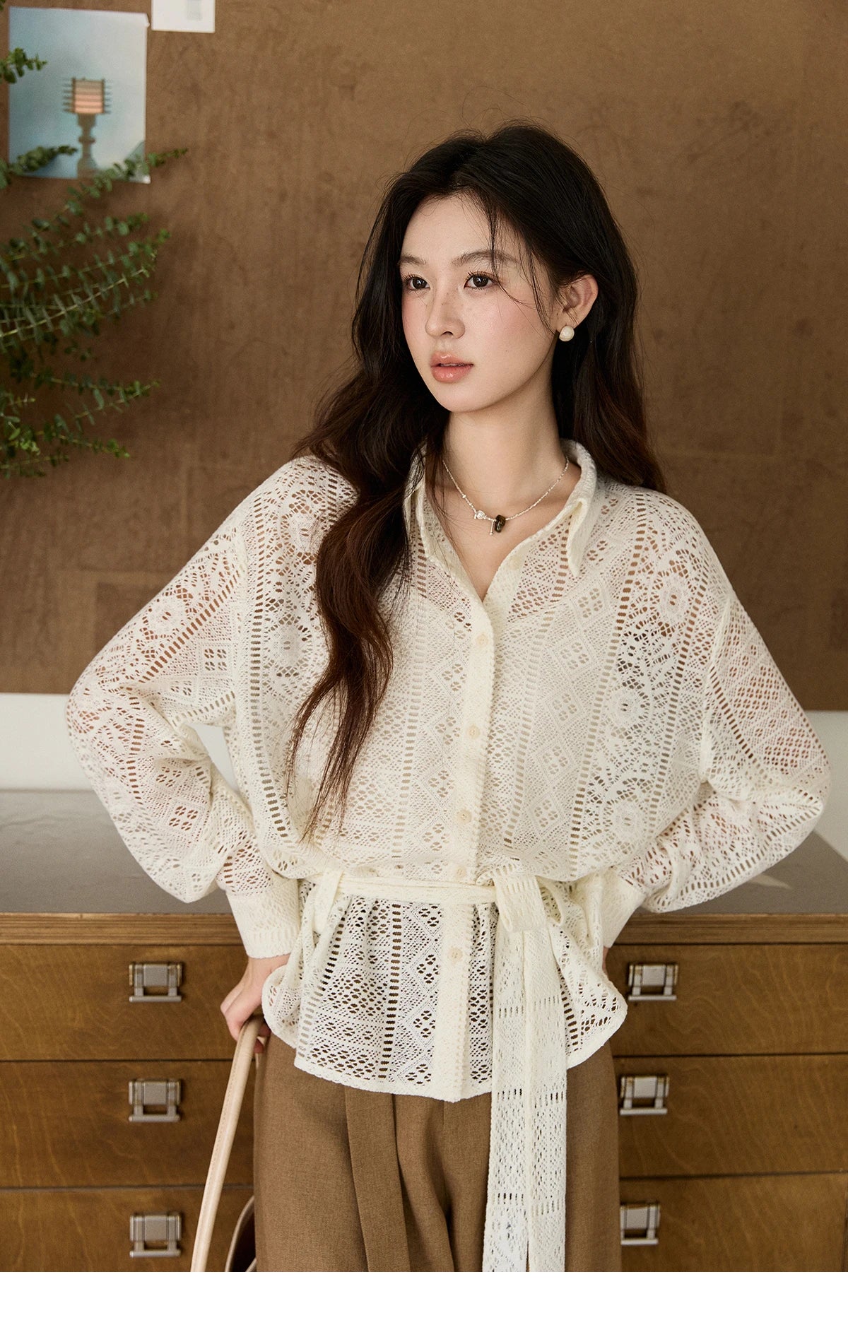 Women's Hollow-out Lace Shirt Camisole Set 2026 Spring Lapel Drawstring Waist Sheer Casual Two-Piece Knitwear MXF108C0816