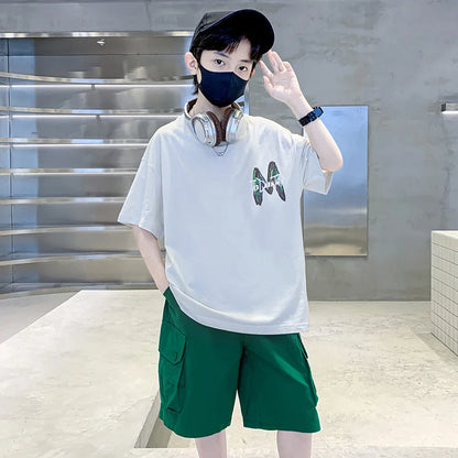 Summer Boys Cotton Leisure Loose Contrast Alphabet T-Shirt Top+Shorts Pant Set School Kids 2PCS Tracksuit Children Outfit 5-16Yr