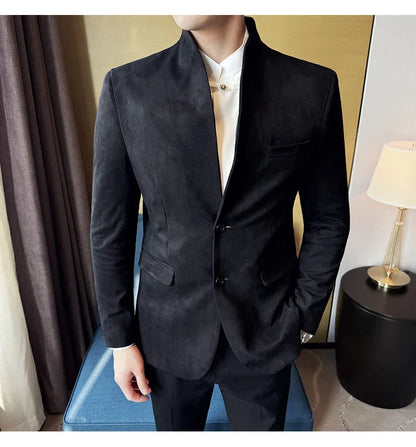 New Blazer Cowhide Velvet Korean Version Business Slim Fit Suit Stand Collar Fashionable Casual Suit Jacket Men Formal Clothing
