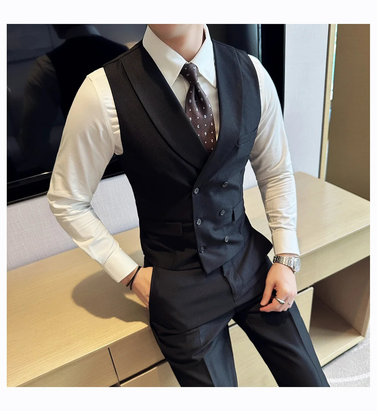Men Luxury Double Breasted Design Solid Vest Formal Groom Wedding Dress Suit Vest Set Fashion Mens Club Singer Clothing 6XL-M