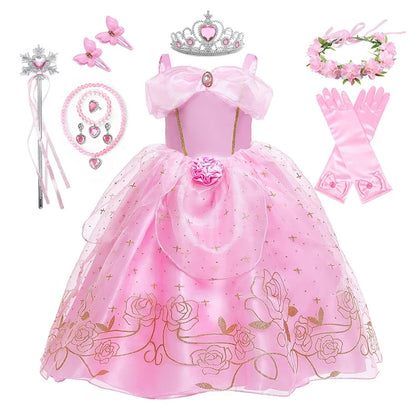 Sleeping Beauty Aurora Princess Dress Cosplay Off Shoulder Kids Gifts Fancy Halloween Party Girl Baby Lace Dress Set