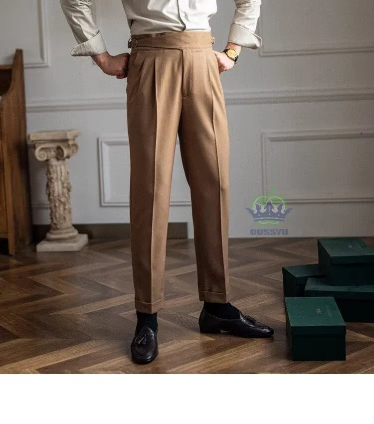 Classics Italian Naples Style White Men's Suit Pants Men High Waisted Straight Fit Work Formal British Business Brand Trousers