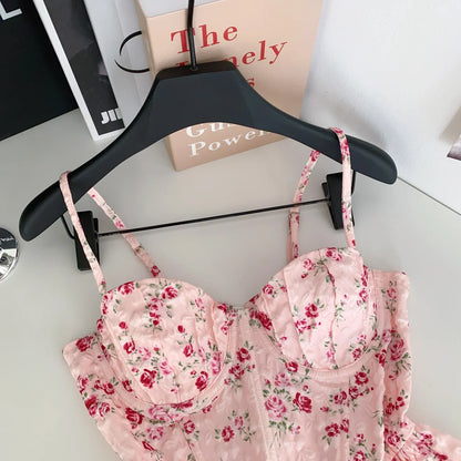 French Corset Print Beach Tank Top Female Strap Irregular Slim Hotsweet Camis Streetwear Vacation Bohe Sexy MIni Top