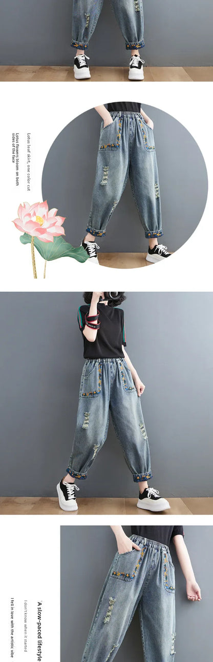Summer New Sle Artistic Retro Embroidered Hole Denim Jeans Women's Slimming Versatile Elastic Waist Loose Harlan Dad Pants