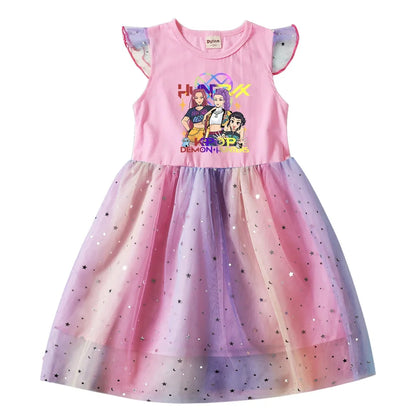 K-Pop Hunters Rumi Baby Girls Dress Children Cartoon Mesh Star Sequins Princess Dress Kids Flying Sleeve Skirt For Birthday Gift