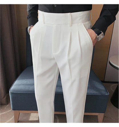British Style Twill Pleat Design Naples High Waist Casual Trousers Fashion Man Slim Simple Social Party Suit Pant Plus Size 38