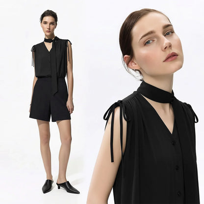 Sleeveless Women's Blouse 2026 Summer New Tie Neck Chiffon Top Flowy Loose Elegant Chic Office Shirt For Women 12642121