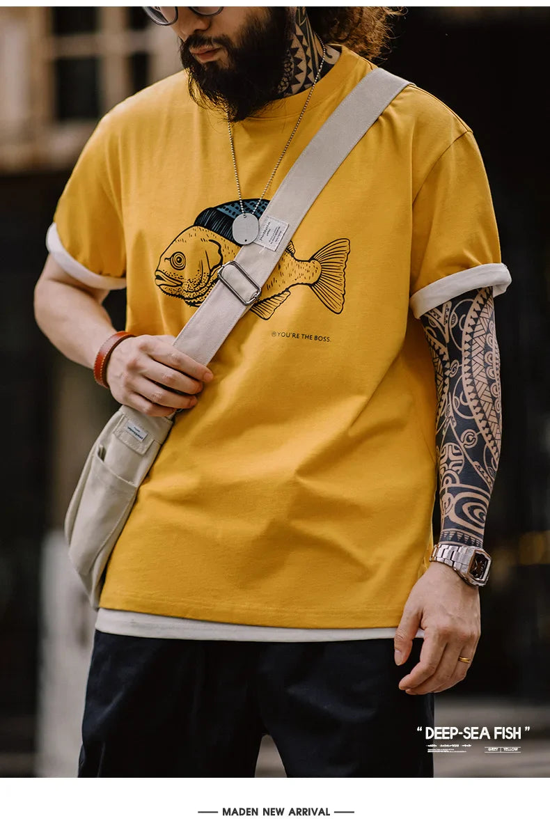 Vintage Flocked Print Short-sleeved T-shirts Animal Pattern Cotton Round Neck Tops for Men's Summer Casual Loose Fit Tee