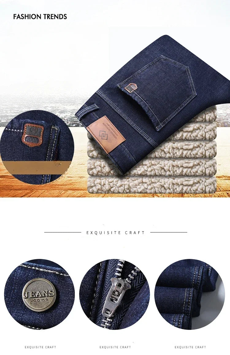 Winter Men's Fleece Thick Sherpa Jeans Business Casual Velvet Straight Denim Pants Male Wool Plush Classic Stretch Trousers