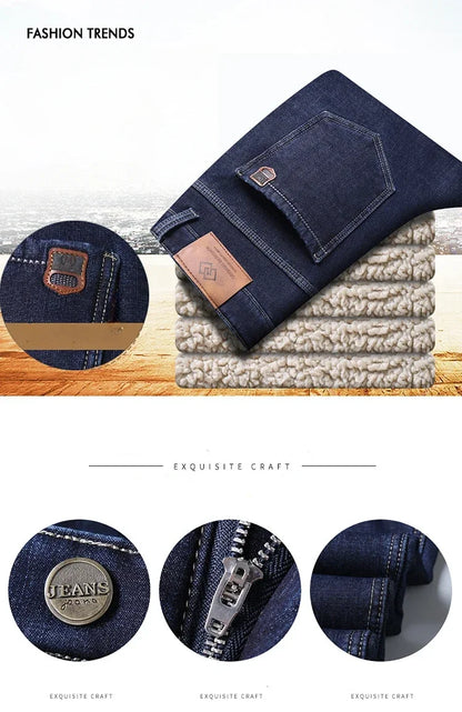 Winter Men's Fleece Thick Sherpa Jeans Business Casual Velvet Straight Denim Pants Male Wool Plush Classic Stretch Trousers