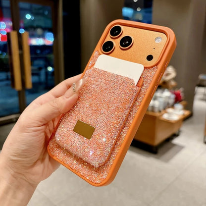 Luxury Glitter Flash Diamond Case With Magnetic Card Bag For iPhone 17 Air 16 15 14 Plus 13 12 Pro Max Anti-drop Protector Shell