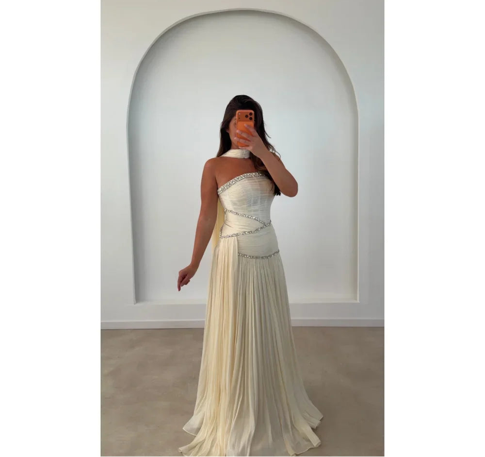 Custom Halter Neck A-Line Evening Dress Crystal Chiffon Prom Dresses Pleated Vestidos De Noche Elegant Formal Evening