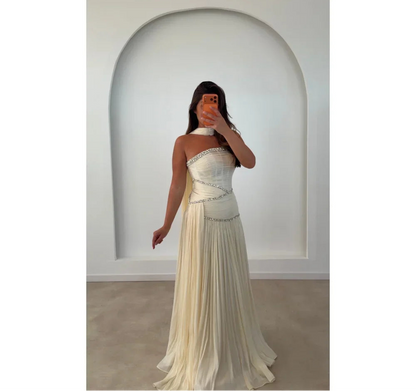 Custom Halter Neck A-Line Evening Dress Crystal Chiffon Prom Dresses Pleated Vestidos De Noche Elegant Formal Evening