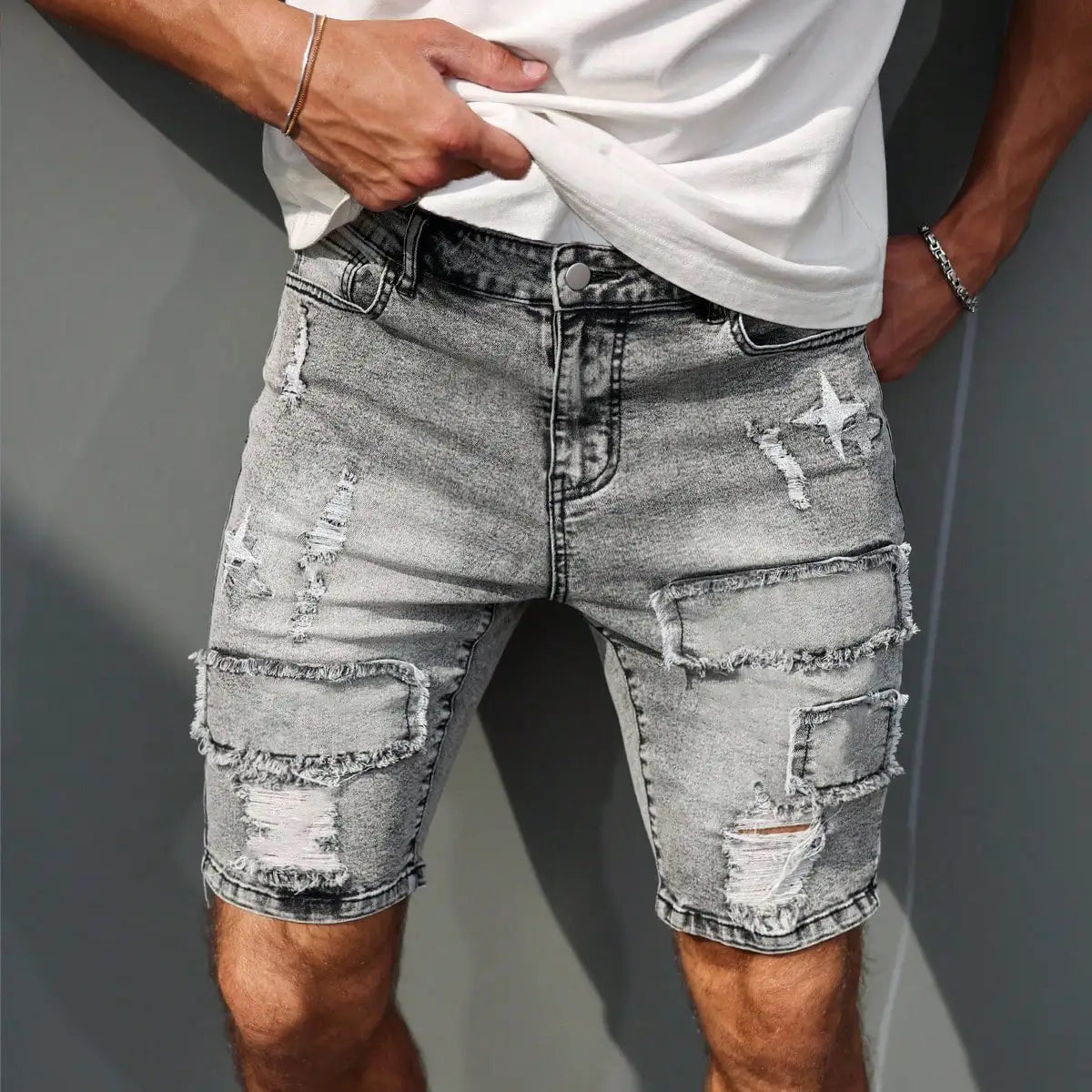 Men's Vintage Ripped Denim Shorts - Loose Streetwear