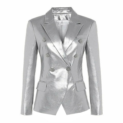 S-3XL High Quality Fashion New PU Leather Fabric Double breasted Long Sleeve Slim Fit Commuter Women's Suit Coat Blazer