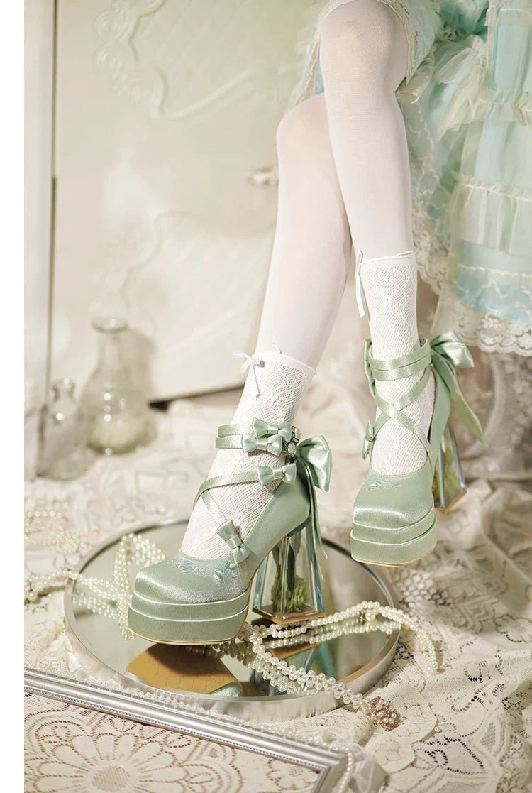 Original Lolita Red High Heels Women's Sweet Elegant Bow Velvet Mary Jane Shoes Ladies Birthday Party Cos Platform Shoes Spring