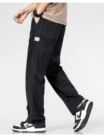 Summer Thin Loose Wide-leg Men Jeans Soft Lyocell Elastic Fashion Casual Straight Drawstring Denim Trousers Black Blue Gray
