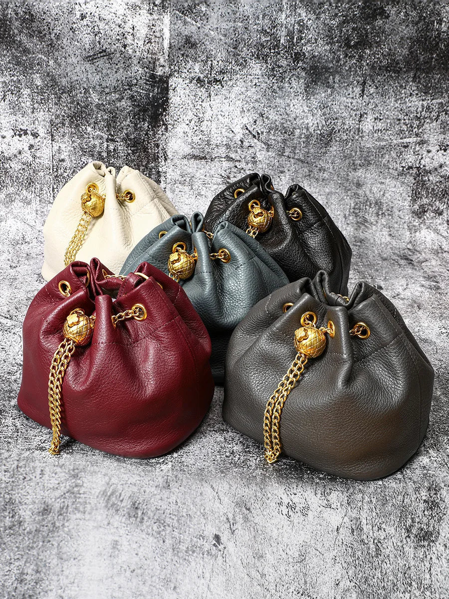 New Vintage Fashion Chain Bag Genuine Leather Multi-Way Bucket Bag for Women Compact Stylish Crossbody Purse