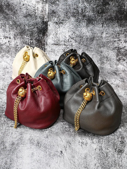 New Vintage Fashion Chain Bag Genuine Leather Multi-Way Bucket Bag for Women Compact Stylish Crossbody Purse