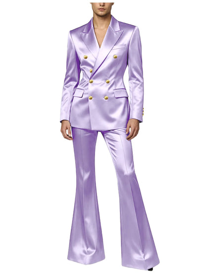 Men's Double Breasted Satin Suit Set 2 Piece Notch Lapel Gold Button Blazer Flare Pants Formal Wedding Prom Party Groom Outfit
