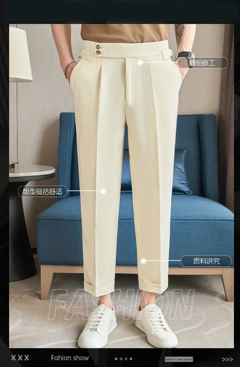 British Style Naples Men's High-end Linen Pants High Waist Straight Slim Fit Casual Trousers High Quality Solid Social Suit Pant