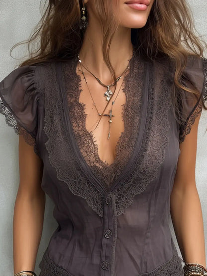 Women Boho Deep V Lace Trim Flutter Sleeve Chiffon Blouse, Sheer Tie Waist Vintage Cropped Vacation Top
