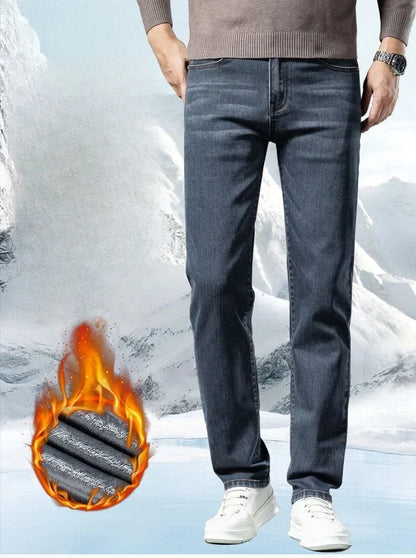 Winter Warm Men's Jeans Fleece Thickened Elastic Smoke Gray Black Business Straight Casual Denim Pants Brand Man PlushClothes
