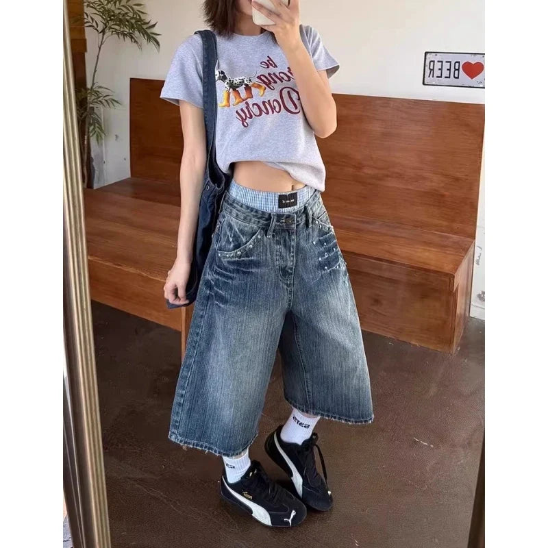 Women's Y2K American Retro Bamboo Denim Capri Pants Summer 2026 Washed Versatile Loose Wide Leg Mid-Length Trendy Trousers