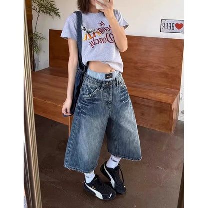 Women's Y2K American Retro Bamboo Denim Capri Pants Summer 2026 Washed Versatile Loose Wide Leg Mid-Length Trendy Trousers