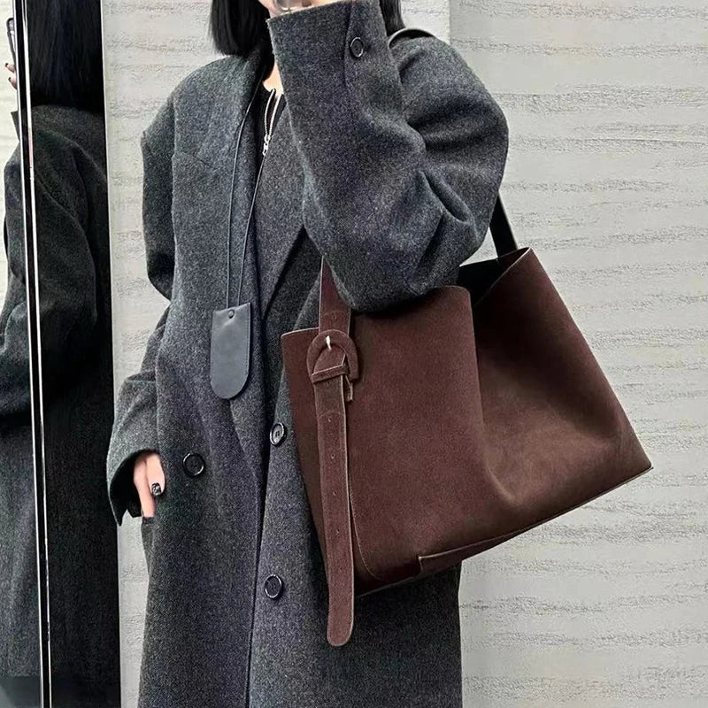 Luxury Genuine Leather Women Bags 2025 Spring Cow Suede Shoulder Bags Women Retro Gold Buckle Large Capacity Totes Lady Handbags