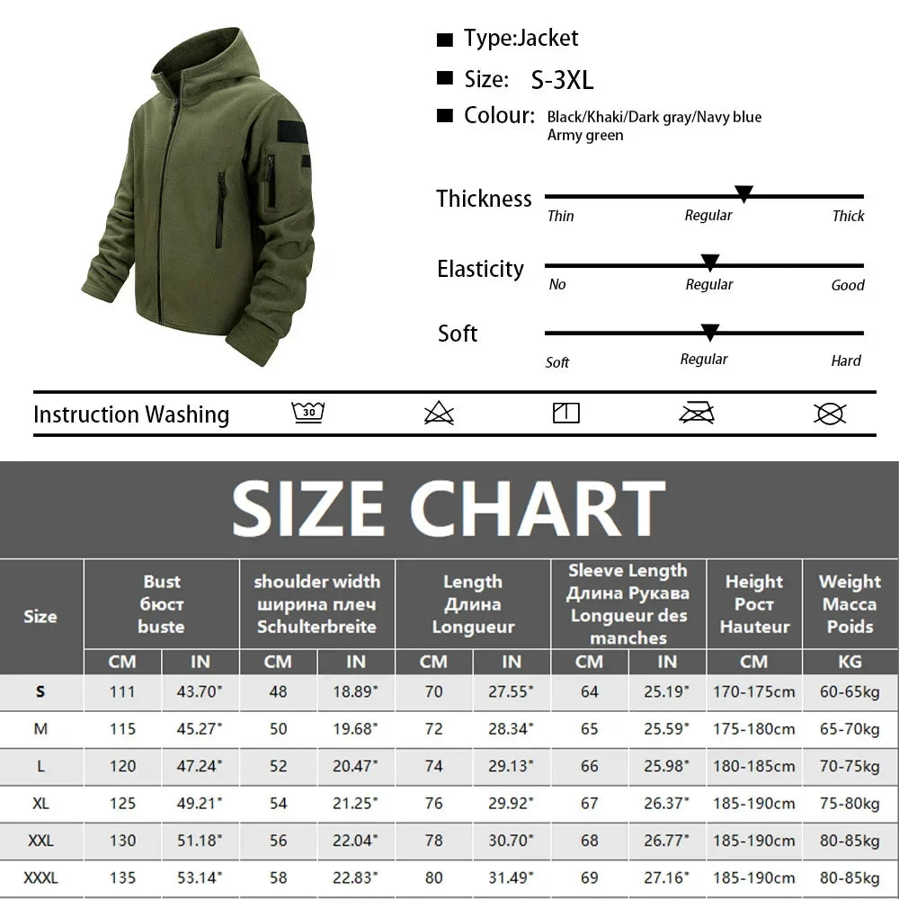 Men's Hiking Tactical Fleece Full Zip Hooded Jacket Multi-Zipper Pockets Design Autumn Winter Warm Outdoor Sports Coat for Men