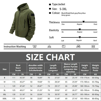 Men's Hiking Tactical Fleece Full Zip Hooded Jacket Multi-Zipper Pockets Design Autumn Winter Warm Outdoor Sports Coat for Men