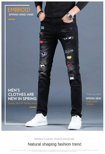 Harajuku Fashion Men's High-end Embroidered Jeans Korean Style Prints Patches Slim Fit Casual Spring Autumn Cowboy Trousers